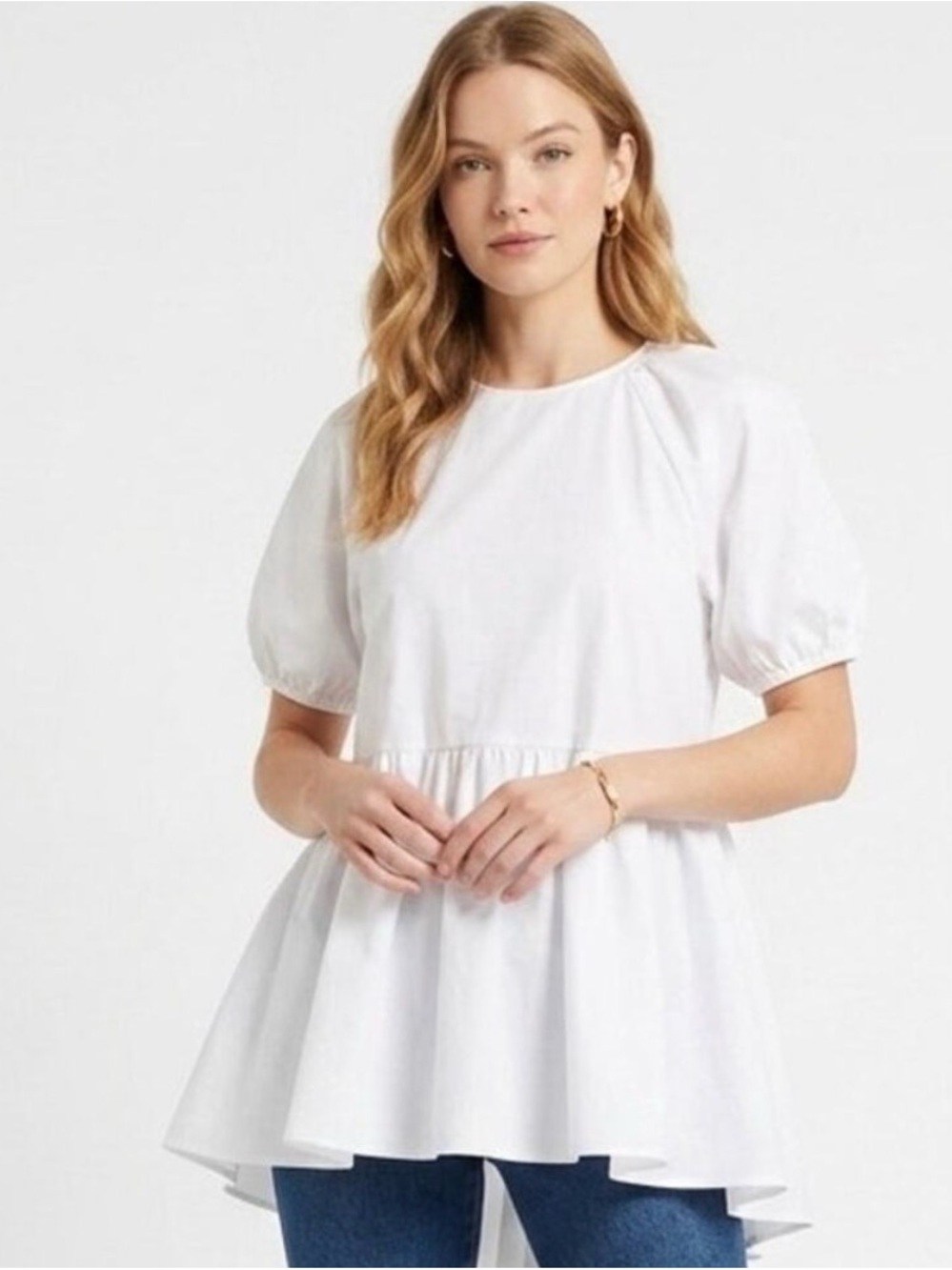 Hill House Francesca White Puff-Sleeve Peplum Top